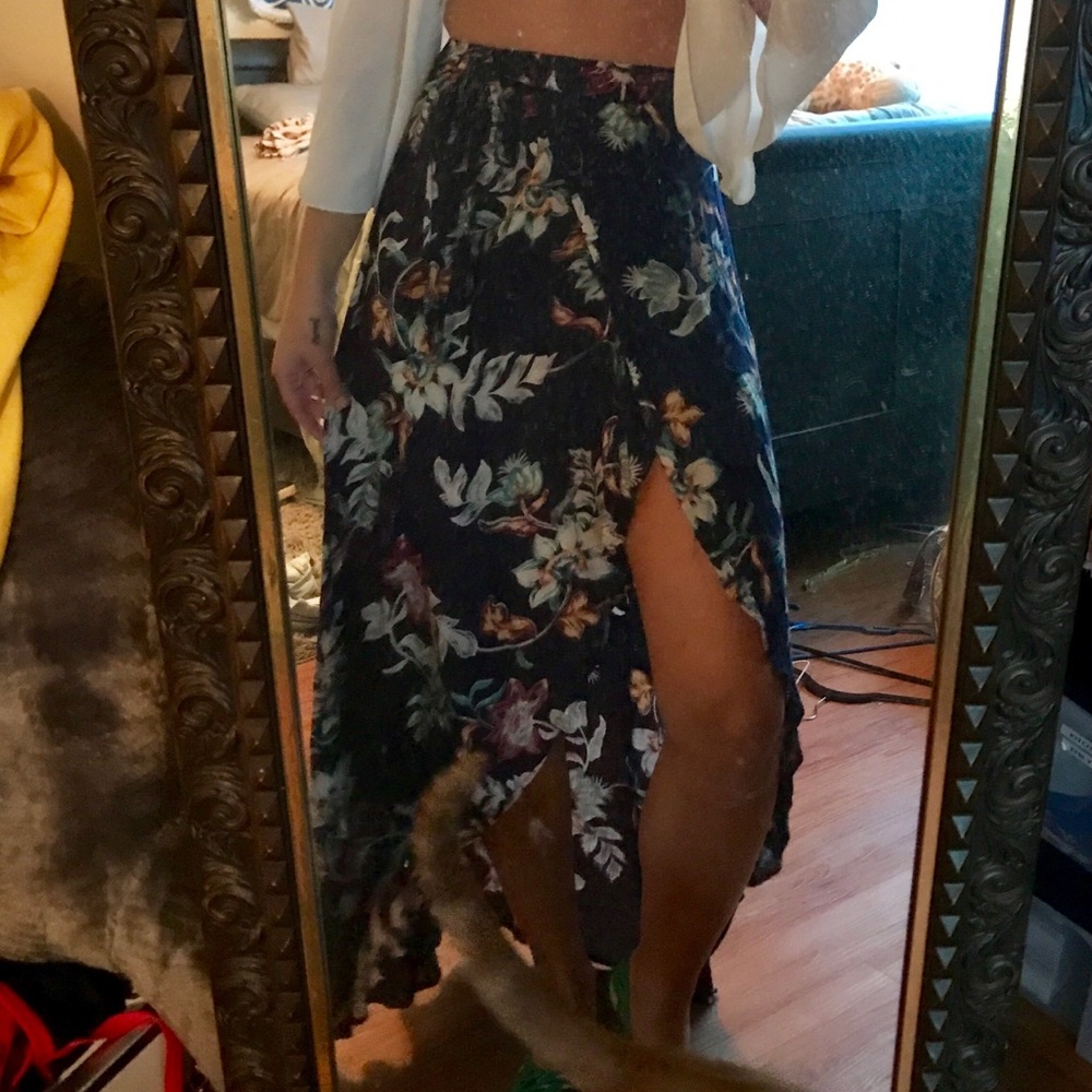 navy blue wrap skirt with flowers